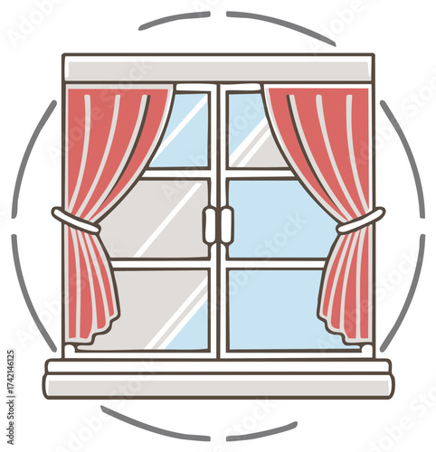 Window with draped red curtains and tiebacks, simple flat illustration