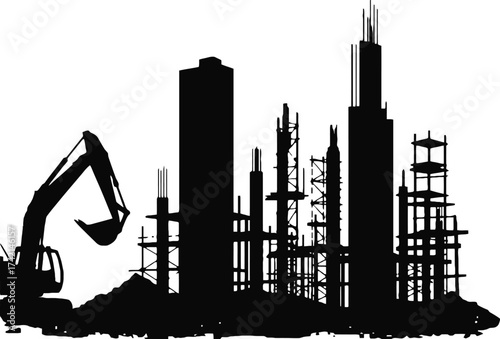 Silhouette of a construction site with an excavator and unfinished buildings against a white background.
