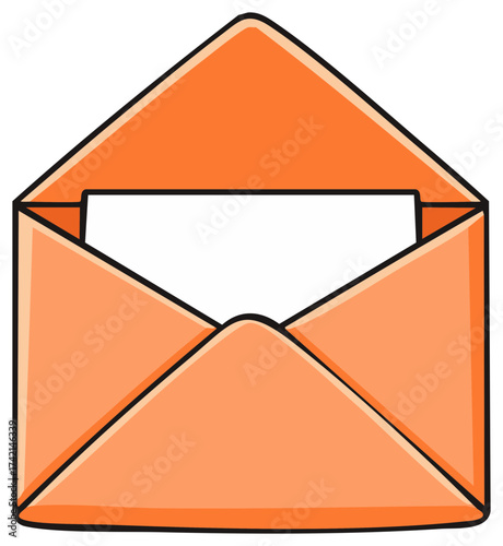 Orange open envelope with a white paper sheet inside, mail and correspondence concept, hand-drawn cartoon vector illustration