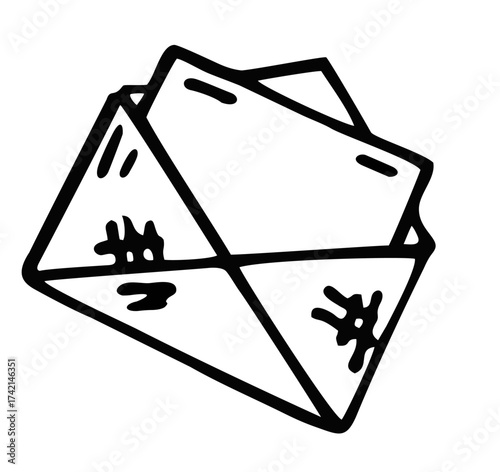 Open letter. Sketch open postal envelope. Email message. Send post card. Envelope with document. Mail notification.