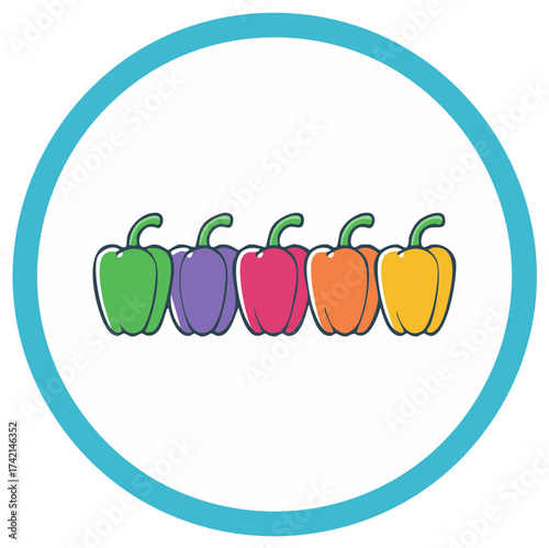 A vibrant collection of multicolored bell peppers arranged in a row inside a turquoise circle