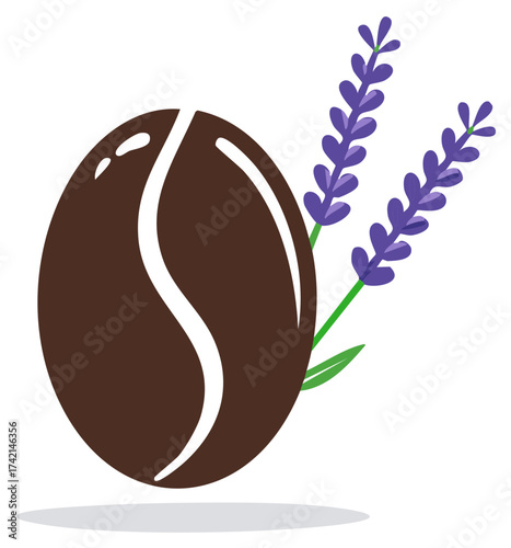 Coffee Bean Icon with Lavender Flowers, Aromatic Flavor Combination, Calm Scent Aromatherapy