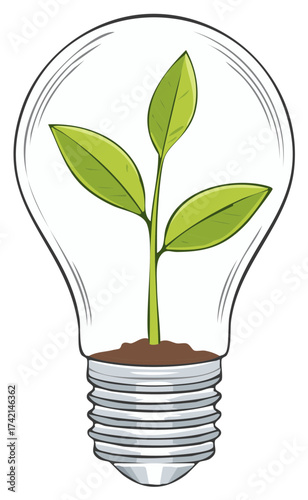 Green plant growing inside a clear light bulb symbolizing nature and new ideas