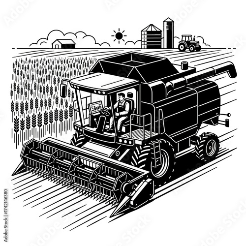 Harvester Operator Vector: Farmer Driving Combine Harvester in a Wheat Field with Farm and Tractor in the Background