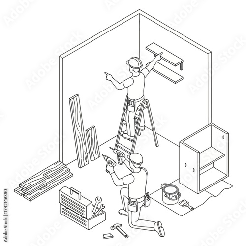 Isometric Handyman Helper Vector: Workers Installing Shelves and Doing Home Repairs on a Ladder in a Room