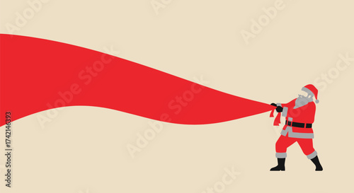 Santa Claus energetically pulling a large red fabric against a neutral background.