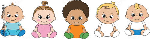 Adorable, diverse, cartoon babies sitting, smiling, colorful, playful, cute, happy, illustration, toddlers, infants, children, characters, fun, joyful