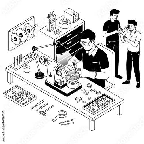 Isometric Gemcutter Vector Illustration: Jeweler Polishing and Cutting Diamonds or Gems with Industrial Tools and Magnifier