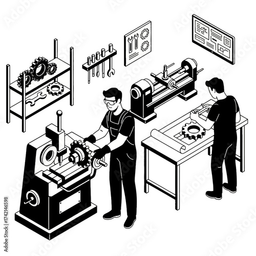 Isometric Gear Machinist Vector: Worker Operating Milling Machine to Fabricate Mechanical Gears in an Industrial Workshop