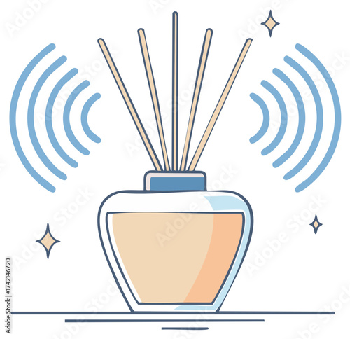 Simple line art illustration of a reed diffuser with aroma sticks for home fragrance and spa relaxation