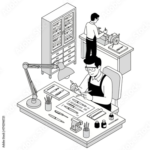 Isometric Fountain Pen Repairer Vector: Craftsman Working on Writing Instruments at Desk and Grinding Wheel