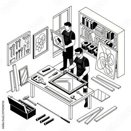 Isometric Framer (Art) Vector: Workers Assembling Picture Frames and Artwork in a Workshop