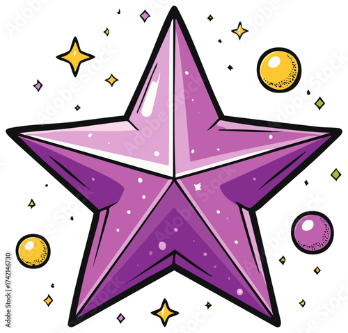 Stylized Purple Star with Yellow Orbs and Sparkles Hand Drawn Illustration