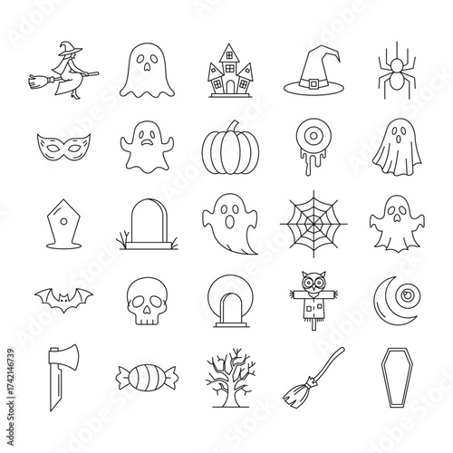 Halloween icon set spiders Bats cobwebs spider and other symbol line art style template