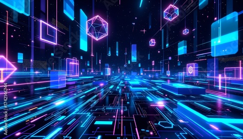 Wallpaper Mural Futuristic Digital Landscape: Neon Cyberpunk Grid Torontodigital.ca