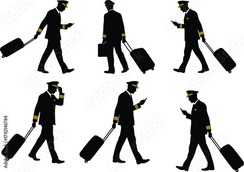 Airline pilots silhouette, uniformed aviators walking, professional crew travel, pilots with luggage, aviation staff mobile phone, airport journey, flight crew teamwork