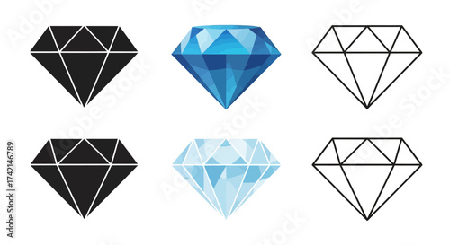 A Collection of Diamond Icons in Various Styles Including Solid Black Blue Gemstone and Outline Drawings Representing Precious Jewels and Luxury