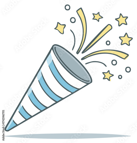 Party popper exploding with stars and confetti, cartoon illustration.