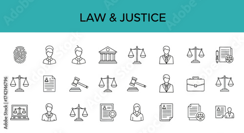 Collection of Icons Representing Law Justice And Legal System Elements With Scales Of Justice Gavel And Documents