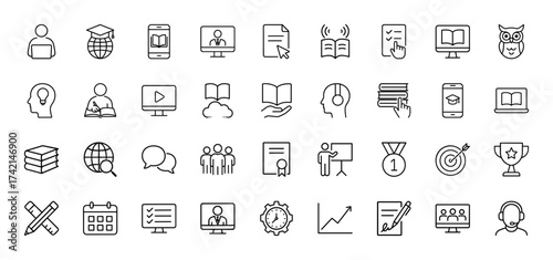 E-learning line icon set. Vector pictograms of graduation cap, books, online courses, students, mentor, certificate, achievement, thin linear illustration.
