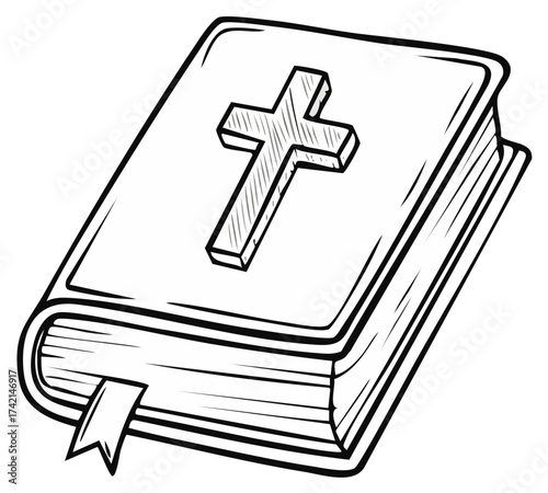 Line Art of Bible with Cross on Cover, Spiritual Book with Bookmark, Religion and Christianity Concept