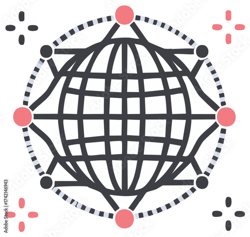 Connected Globe with Points, Dashed Line Circle, Network Communication, and Technology Concept