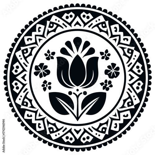 Floral design circle element with stylized tulip and flowers in black and white illustration.