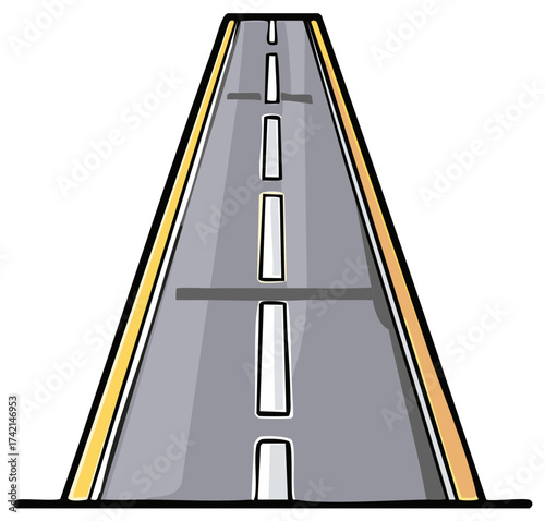 Perspective View of a Cartoon Highway with Lane Markings and Yellow Shoulders