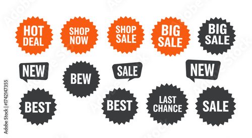 Collection of Starburst Shaped Sale and Discount Stickers Featuring Words Like Hot Deal Shop Now Big Sale Best Last Chance New and More for Retail Promotions