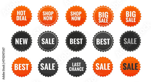 Collection of promotional retail sale discount and special offer starburst badges and stickers for marketing and advertising purposes