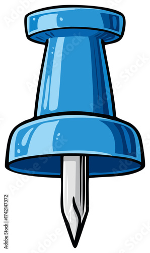 Blue Push Pin Closeup Vector Illustration Fastener Tool Cartoon Style