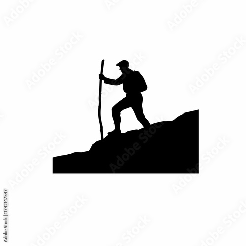 Silhouette of a hiker with a stick climbing a steep hill isolated on white background
