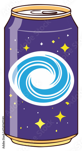 Purple soda can with galactic stars and blue spiral design illustration