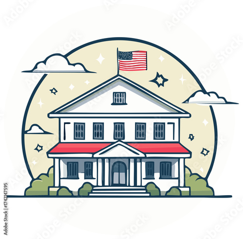 Cartoon American Courthouse with Flag and Clouds, Political and Legal Design