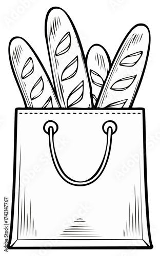 Hand-drawn illustration of baguettes in shopping bag with handles