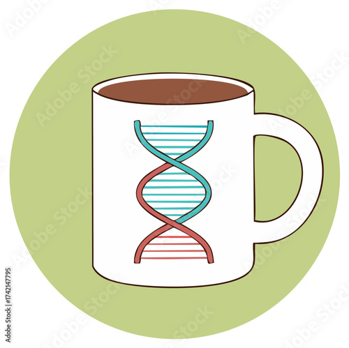 Coffee Cup with Double Helix DNA Icon on a Light Green Circle Background