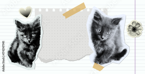 Vector collage with cute kittens in halftone retro style. Paper notes, tape, and torn elements for scrapbooking and journaling design. Vintage black and white aesthetic composition.