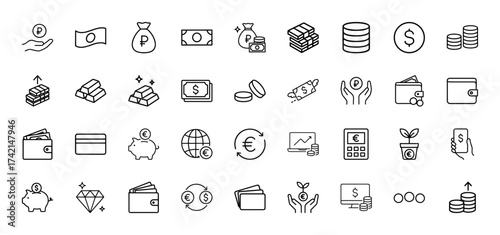Finance line icon set. Vector pictograms of money, coins, banknotes, wallets, credit cards, banking, investment, and currency exchange, thin linear illustration.