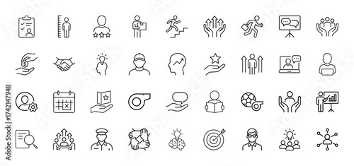 Business and human resources line icon set. Vector pictograms of checklist, user ratings, growth arrows, handshake, lightbulb, target, teamwork, communication, thin linear illustration.