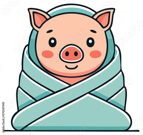Cute cartoon piglet wrapped in a light blue blanket