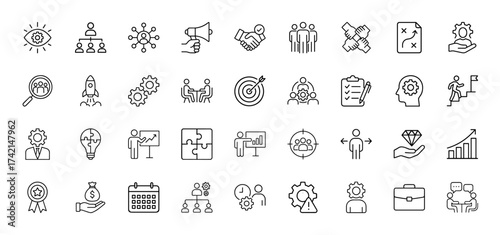 Business and management line icon set. Vector pictograms of organizational chart, megaphone, handshake, rocket, gears, target, checklist, calendar, money, thin linear illustration.