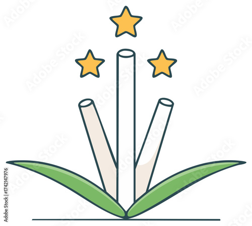 Stylized lucky plant with leaves, stems, and yellow stars represents prosperity, success, and good fortune