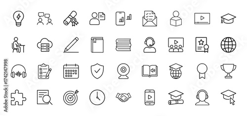 Learning line icon set. Vector pictograms of lightbulb, diploma, books, headset, video, globe, calendar, trophy, target, handshake, graduation cap, thin linear illustration.