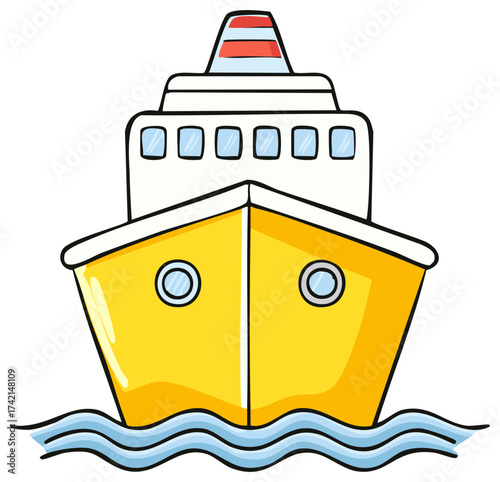 Cartoon illustration of a large yellow cruise ship sailing on blue ocean water waves.