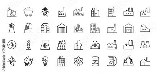 Industry and energy line icon set. Vector pictograms of oil rig, coal cart, power plant, factories, refinery, warehouse, nuclear reactor, eco bulb, gas pump, robot arm, thin linear illustration.