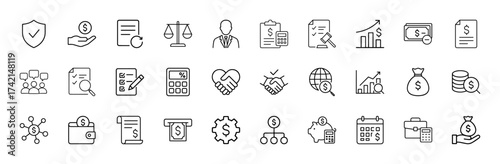 Finance, business, and legal line icon set. Vector pictograms of money, documents, charts, scales, handshake, calculator, wallet, and calendar, thin linear illustration.