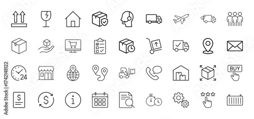 Logistics and delivery line icon set. Vector pictograms of packages, trucks, airplanes, warehouse, shopping, time, calendar, and money, thin linear illustration.