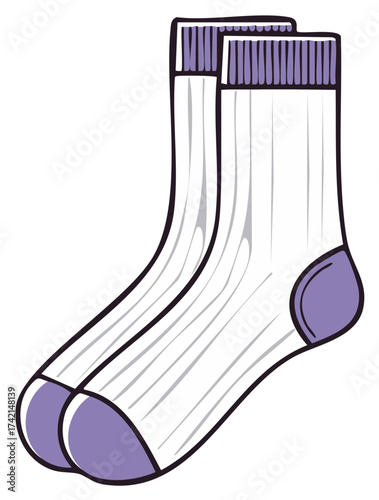 Pair of Striped Socks in White and Purple for Sport or Casual Wear Protection and Warmth