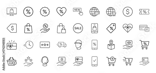 E-commerce line icon set. Vector pictograms of shopping bags, price tags, percentage discounts, gift boxes, global delivery, and mobile shopping, thin linear illustration.