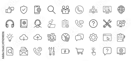 Customer support and technology line icon set. Vector pictograms of thumbs up, shield, smartphone, headset, question, tools, cloud, settings, chat, shopping cart, monitor, thin linear illustration.